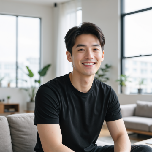 三十五岁左右男性技术专家头像,穿黑色T恤,白色背景,专注技术工作表情